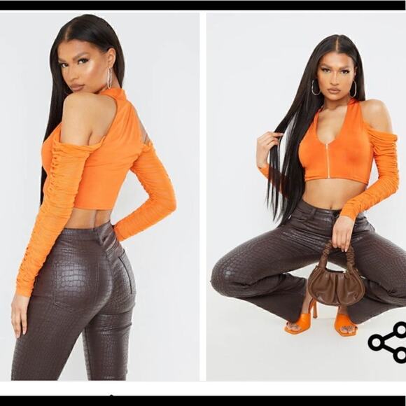 NWT PrettyLittleThing Size 8 Tangerine Woven Cold Shoulder Sexy LS Halter Top - Picture 1 of 15